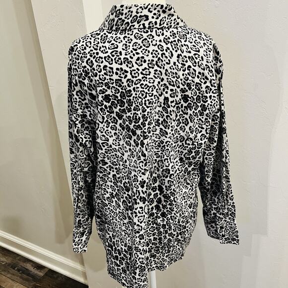 Jones New York Gray Leopard Print Collared Zipped Long Sleeve Cotton Top Size XL - Picture 3 of 5